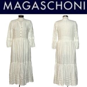 MAGASCHONI BONE LINEN BOHO COTTAGECORE CROCHET AND LACE PRAIRIE STYLE MIDI DRESS